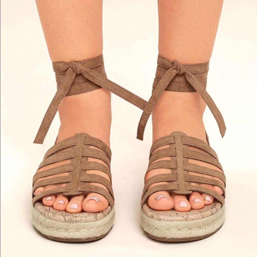Tan Ankle Lace Up Wraparound Espadrille Sandals - Picture 4 of 4